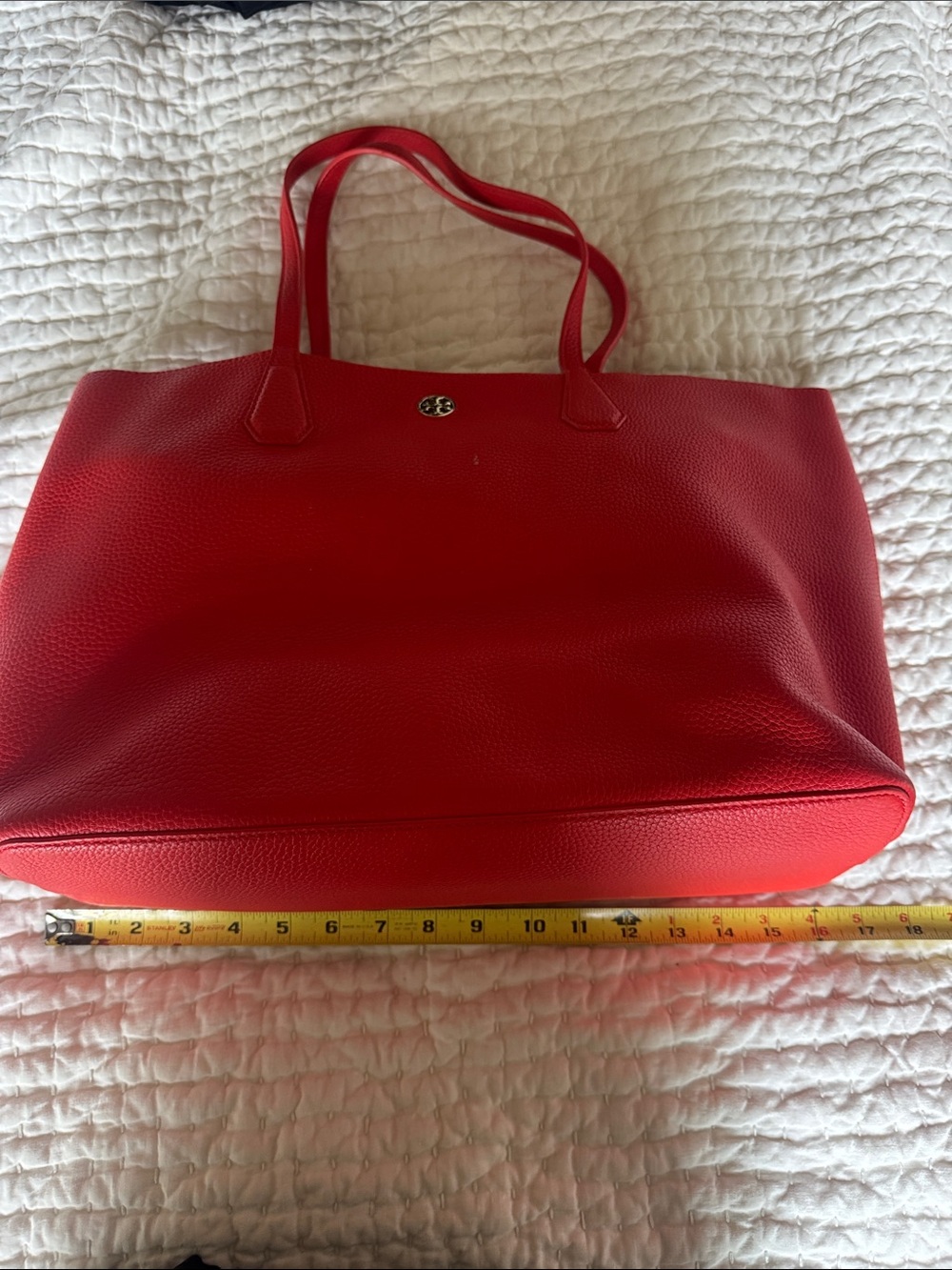 Tory Burch Poppy Red Pebbled Leather Tote with Double Straps